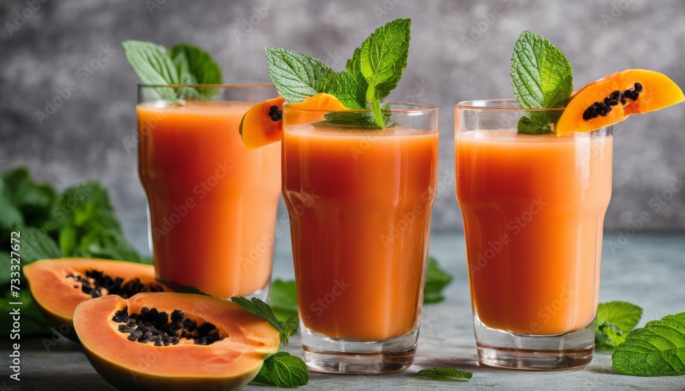 Three glasses of orange juice with mint leaves Three glasses of orange juice with mint leaves