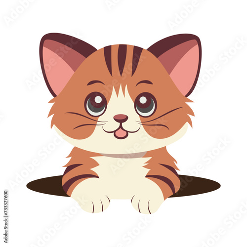 Illustration of a tiger cub popping out of a hole on a white and transparent background. Flat
