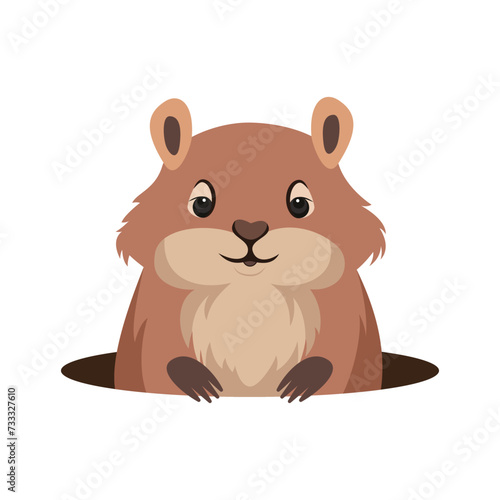 Illustration of a groundhog jumping out of a burrow on a white and transparent background. Flat