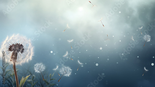 Graphic background with Dandelion flying In the Wind with large copy space for message. Fluffy Seeds Scatter  Dandelion s Journey Begins