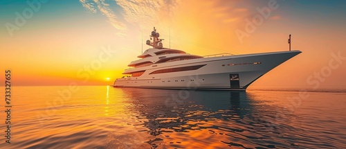 Luxury superyacht, megayacht at golden sunset photo