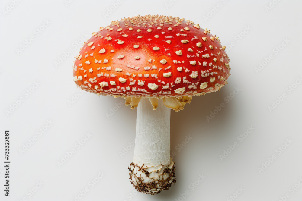Close-Up of a Amanita Mushroom on a White Background A detailed view of a mushroom showcasing its unique texture and color, captured against a clean white background. Close-Up of a Amanita Mushroom on a White Background A detailed view of a mushroom showcasing its unique texture and color, captured against a clean white background.