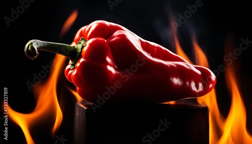 Red hot chili pepper with fire in  dark background. Creative illustration with burning spicy pepper.