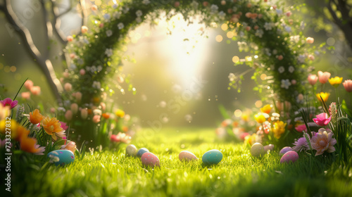 Beautiful rural archway decorated with spring flowers, with colorful Easter eggs in green grass