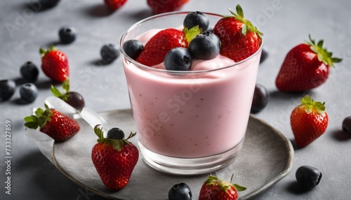 A glass of pink yogurt with strawberries and blueberries