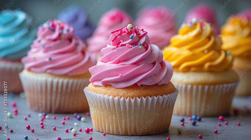 Whimsical Rainbow Cupcakes on a Rainbow Candy Land Fantasy background,generative ai Whimsical Rainbow Cupcakes on a Rainbow Candy Land Fantasy background,generative ai
