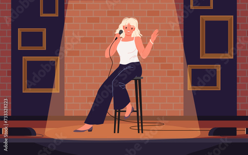 Comedy speech presentation of female talent comedian on stage. Girl sitting on wooden stool in spotlight, young artist holding microphone to tell jokes and humor story cartoon vector illustration