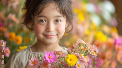 Little Girl Holding a Bunch of Flowers