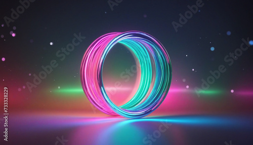3d rendering, abstract background with unfocussed glowing neon ring and bokeh lights, colorful glowing geometric shape. Blurry wallpaper photo