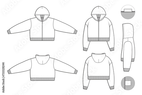 Cropped full zip hoodie sweatshirt flat technical drawing illustration mock-up template for design and tech packs men or unisex fashion CAD streetwear oversized loose baggy