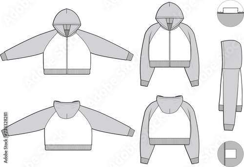 Cropped zip hoodie sweatshirt flat technical drawing illustration mock-up template for design and tech packs men or unisex fashion CAD streetwear oversized loose baggy y2k