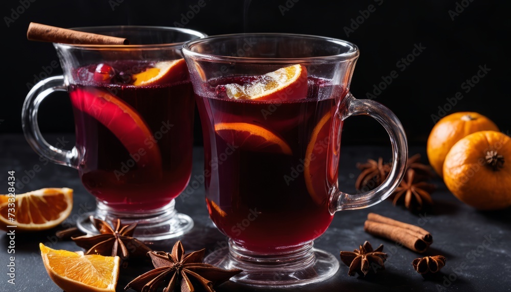 Two glasses of red wine with orange slices and cinnamon sticks Two glasses of red wine with orange slices and cinnamon sticks