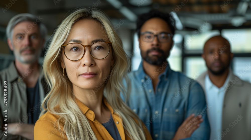 Business photo, featuring a team of co-workers, including a middle-aged woman Business photo, featuring a team of co-workers, including a middle-aged woman