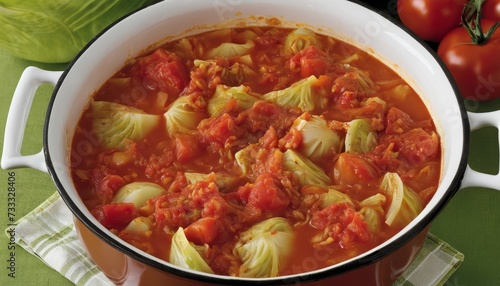 A large pot of vegetable soup with tomatoes and cabbage