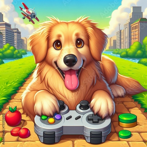 dog sitting on the floor with a joystick