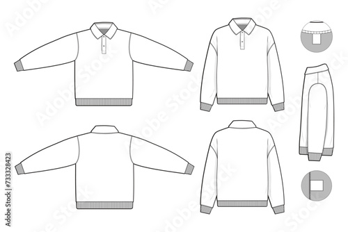 collared pullover sweatshirt sweater polo flat technical drawing illustration mock-up template for design and tech packs men or unisex fashion CAD streetwear regular fit