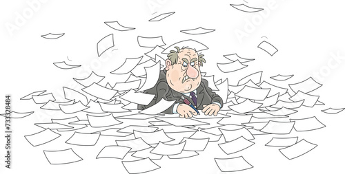Angry fat bureaucrat industriously completing his documents in a big pile of papers, vector cartoon illustration on white