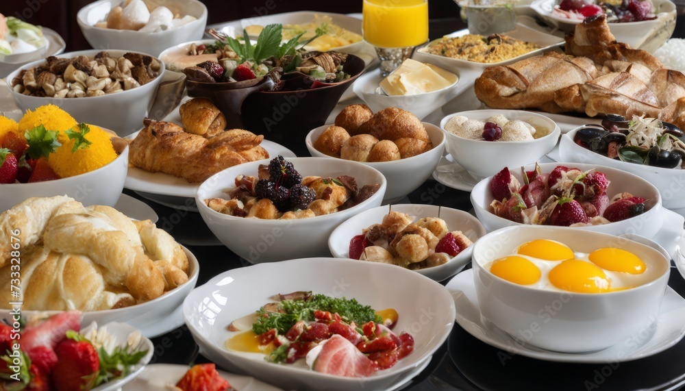 A table full of food including fruit, pastries, eggs, and other dishes A table full of food including fruit, pastries, eggs, and other dishes