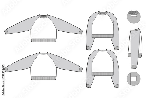 Pullover cropped raglan crewneck sweatshirt flat technical drawing illustration mock-up template for design and tech packs men or unisex fashion CAD streetwear regular fit