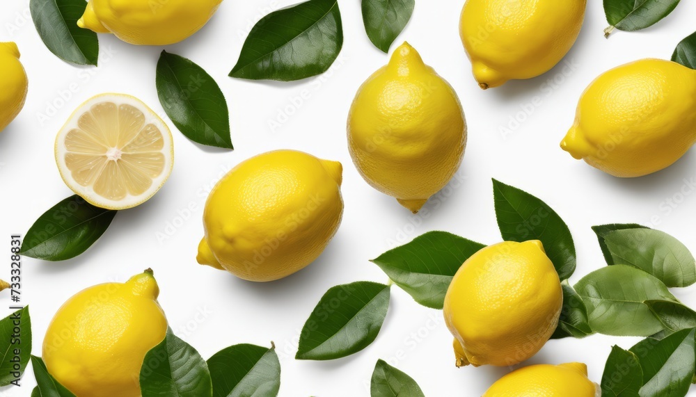 A row of lemons with green leaves