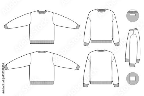 Pullover crewneck sweatshirt flat technical drawing illustration mock-up template for design and tech packs men or unisex fashion CAD streetwear regular fit