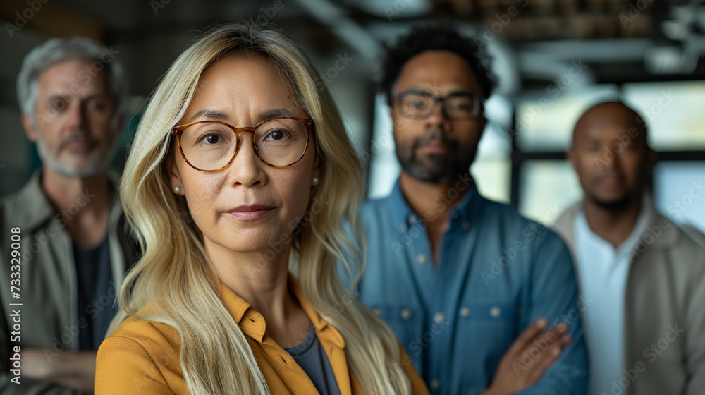 Business photo, featuring a team of co-workers, including a middle-aged woman Business photo, featuring a team of co-workers, including a middle-aged woman