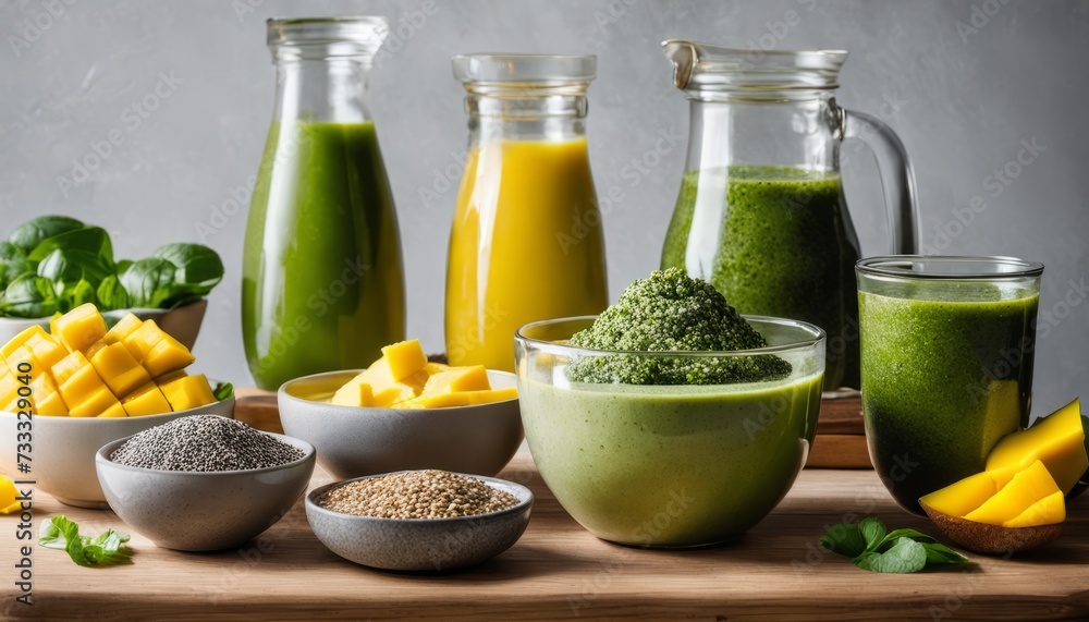 A table with a variety of fruits, vegetables, and drinks A table with a variety of fruits, vegetables, and drinks