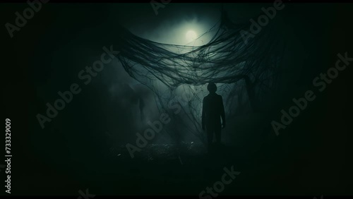 Silhouette of a ghost man outdoor. A ghost in a white dress in the moonlight. Halloween, horror and thriller concept. photo