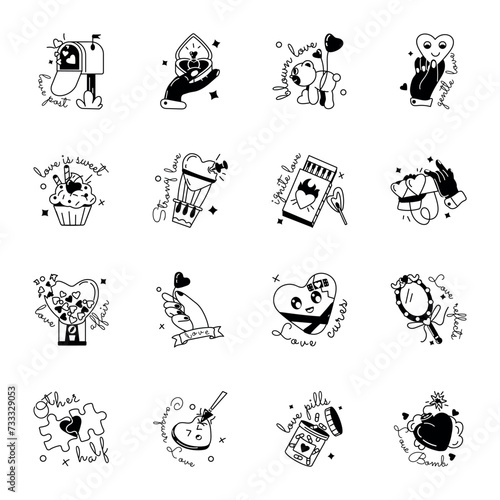 Cute Glyph Stickers of Valentine Day Celebrations 