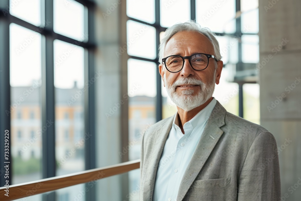 Portrait of successful gray-haired senior businessman consultant looking at the camera and smiling inside a modern office building Portrait of successful gray-haired senior businessman consultant looking at the camera and smiling inside a modern office building