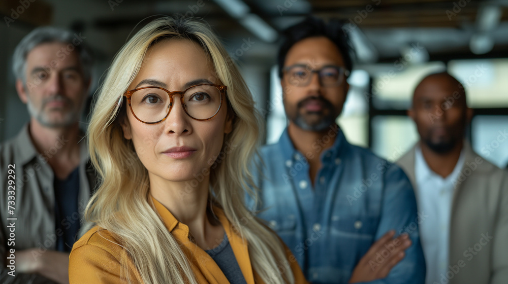 Business photo, featuring a team of co-workers, including a middle-aged woman Business photo, featuring a team of co-workers, including a middle-aged woman