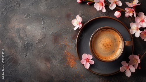 Morning coffee cup with blooming cherry flowers on textured dark background. Hot drink with spring flowers. Romantic breakfast for Women's or Valentine day.
