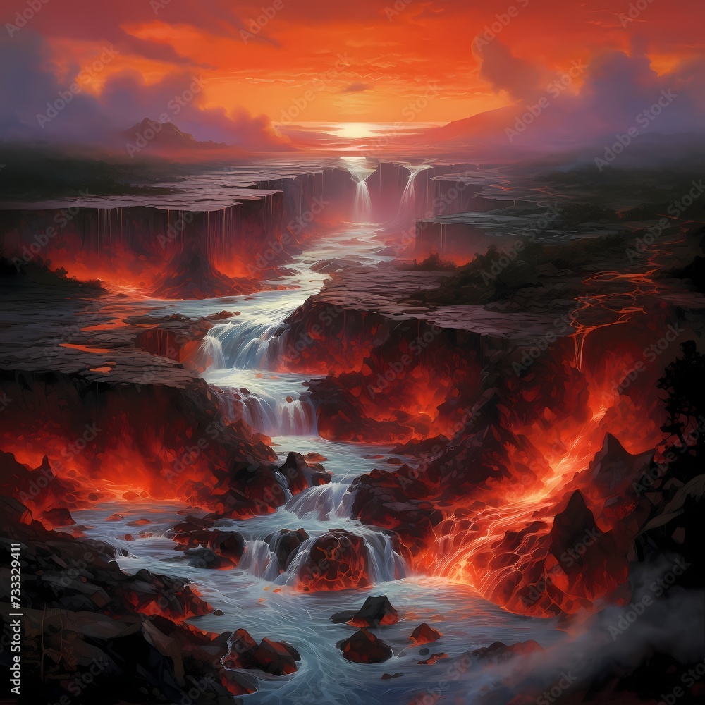 Surreal Volcanic Landscape with Fiery Lava Falls and Mystic River