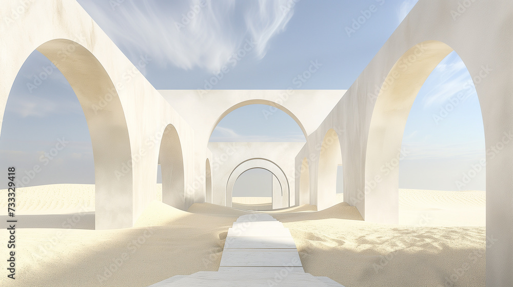 Abstract Conceptual Art of Endless Arches in a Desert-Like Minimalist Landscape