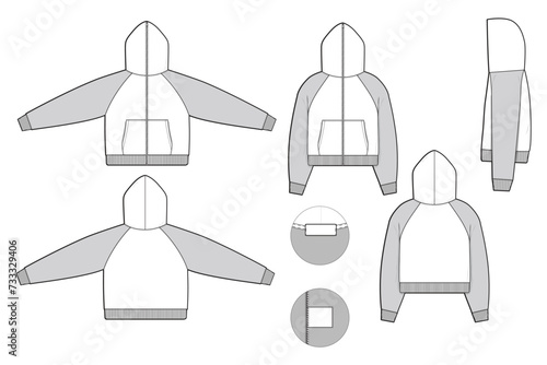 full zip raglan cropped hoodie sweatshirt flat technical drawing illustration mock-up template for design and tech packs men or unisex fashion CAD streetwear regular fit