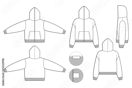 full zip hoodie sweatshirt flat technical drawing illustration mock-up template for design and tech packs men or unisex fashion CAD streetwear regular fit