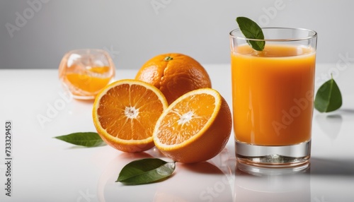 A glass of orange juice with a slice of orange and a green leaf