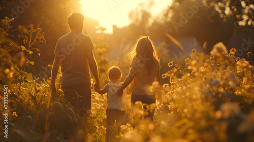 A young happy family runs towards the sunset photo