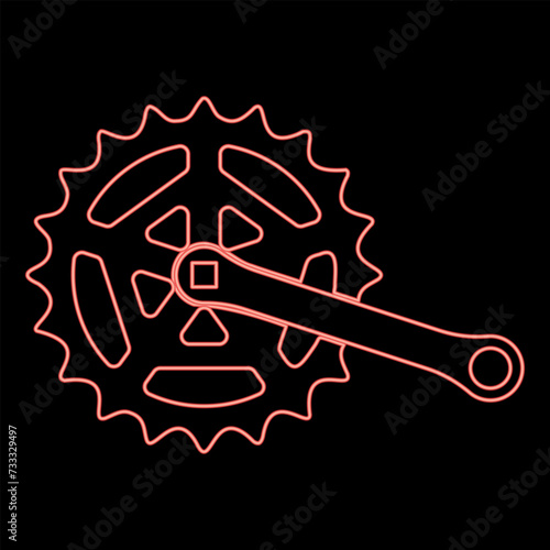 Neon crankset cogwheel sprocket crank length with gear for bicycle cassette system bike red color vector illustration image flat style