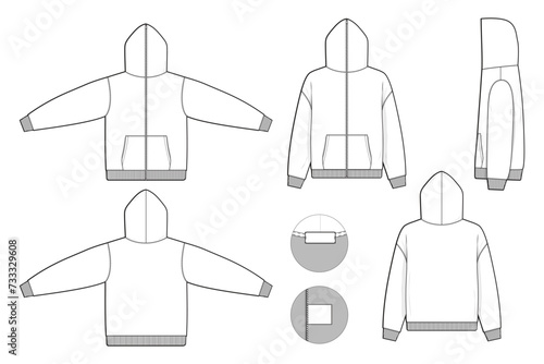 full zip hoodie sweatshirt flat technical drawing illustration mock-up template for design and tech packs men or unisex fashion CAD streetwear regular fit