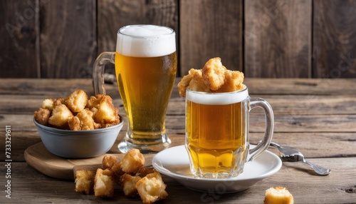 A wooden table with two glasses of beer and a bowl of tater tots