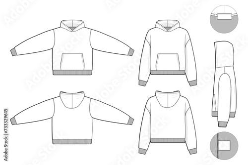 cropped hoodie sweatshirt flat technical drawing illustration mock-up template for design and tech packs men or unisex fashion CAD streetwear regular fit