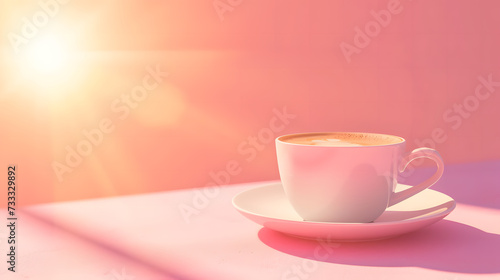 cup of hot coffee , retro pastel background with copy space, sun is shining