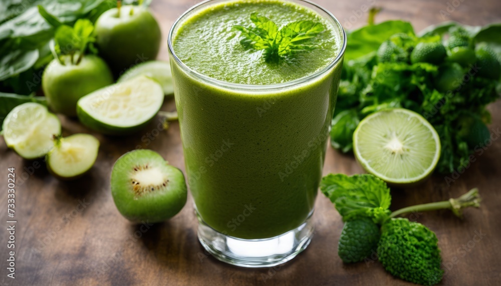 A glass of green smoothie with a green garnish A glass of green smoothie with a green garnish