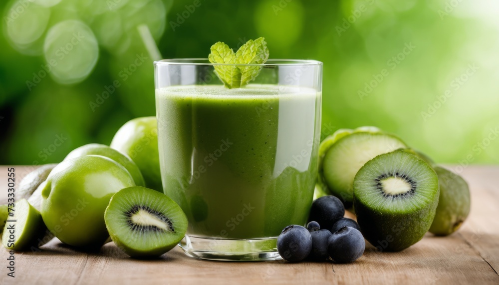 A glass of green smoothie with kiwi and blueberries A glass of green smoothie with kiwi and blueberries