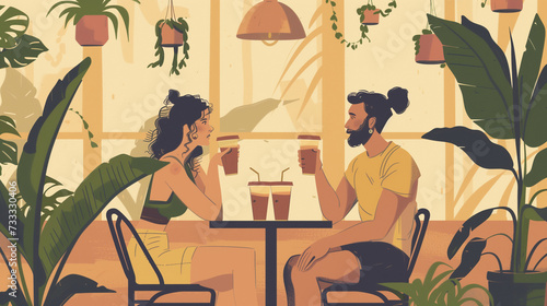 Couple in a criative cafe drinking yerba mate photo