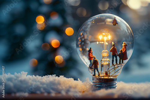 miniature people outside of a christmas light bulb on