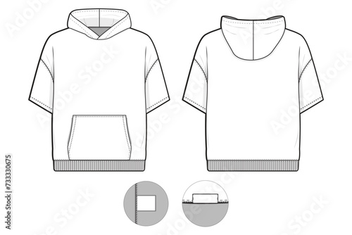 short sleeve hoodie sweatshirt flat technical drawing illustration mock-up template for design and tech packs men or unisex fashion CAD streetwear regular fit