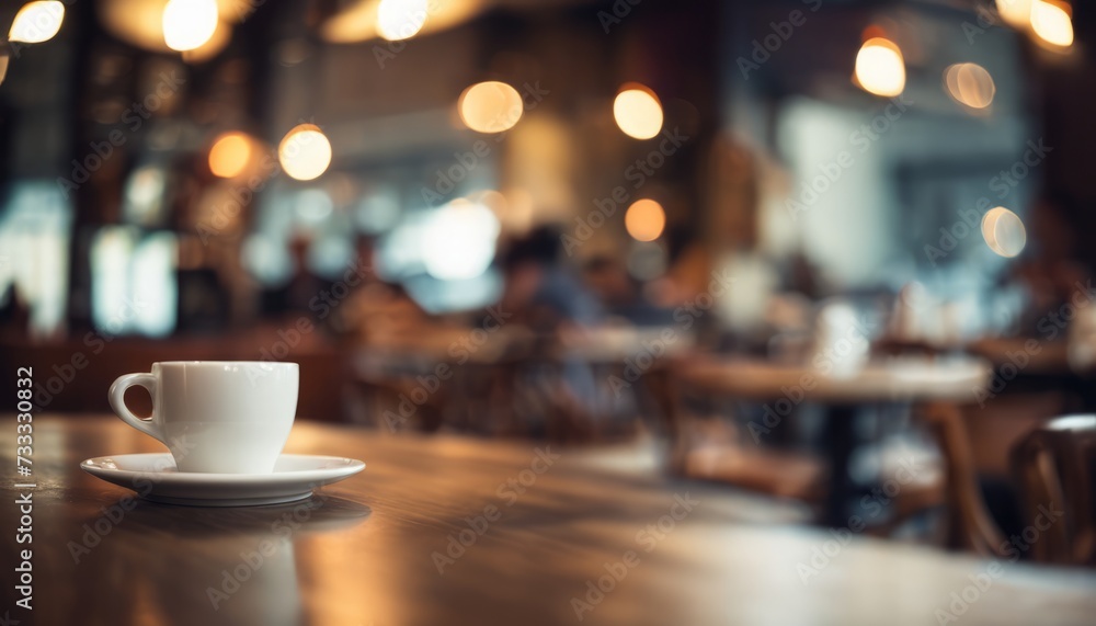 A cup of coffee sits on a plate on a table