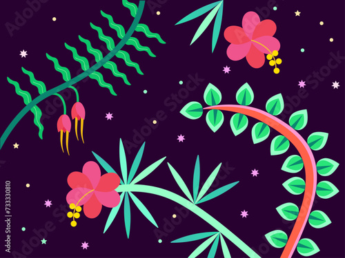 Tropical flowers against the background of the starry sky